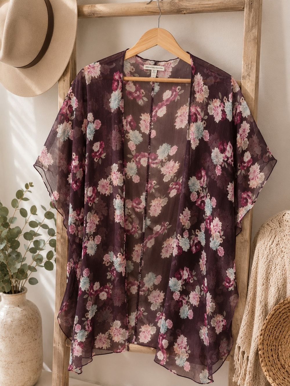 American Eagle Outfitters Plum Floral Sheer Kimono